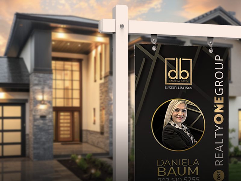 A branded Petrosian listing sign outside a Las Vegas home